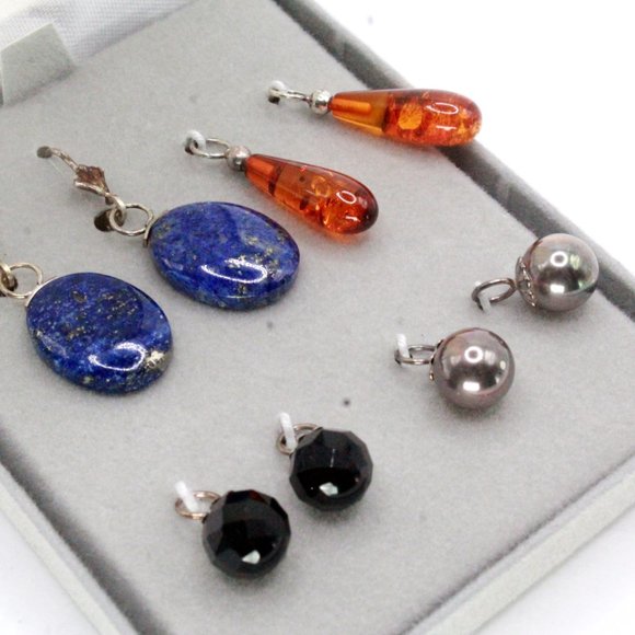 Sterling Silver Lapis Onyx Multi Stones Interchangeable NOS Dangle Drop Earrings - Picture 5 of 11
